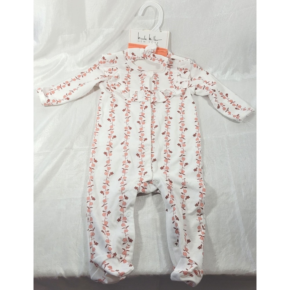 Nicole Miller Ruffle Ivory Pink/Rust Floral Sleeper w/ Matching Headband - 6/9 M